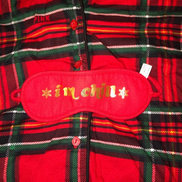 VS Pink Holiday Plaid PJ Set W/Eye Mask in Medium - Picture 2 of 8